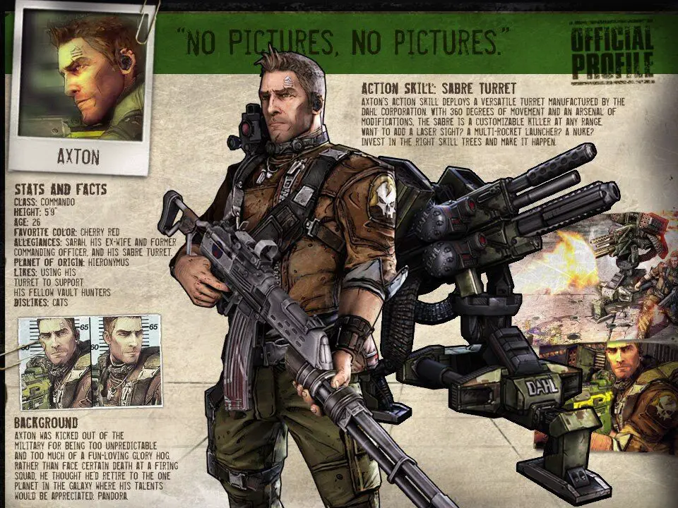 Axton the Commando's official profile in Borderlands 2