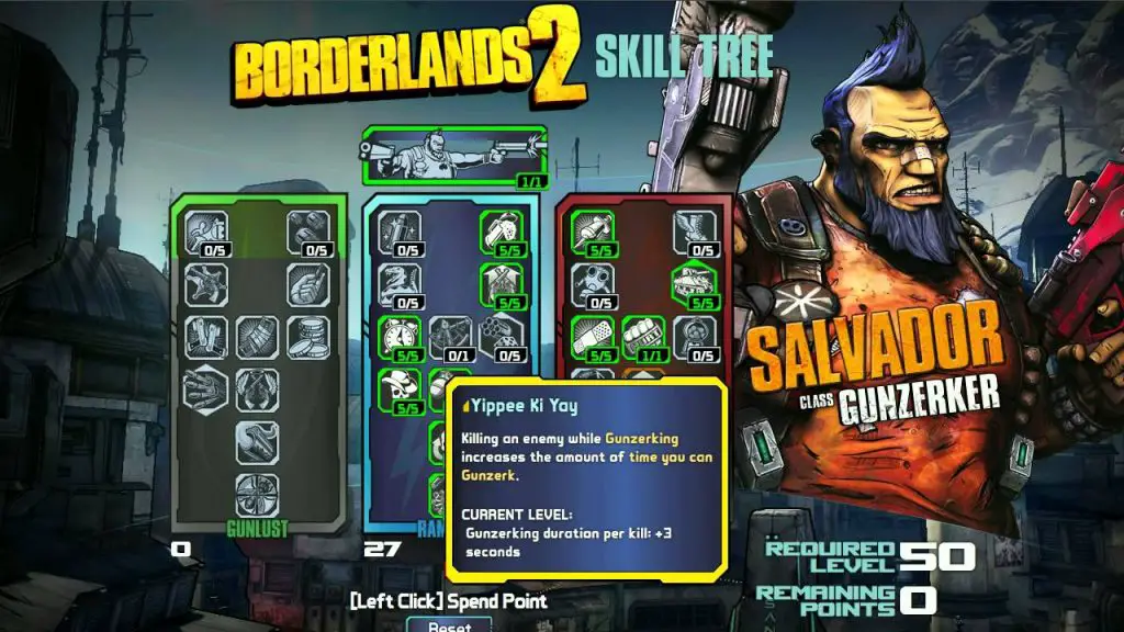 Salvador the Gunzerker skill tree in Borderlands 2