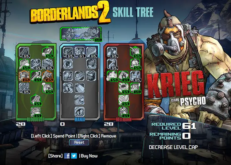 Kreig the Psycho's skill tree in Borderlands 2