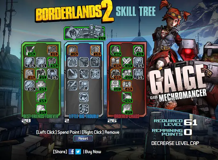 Gaige the Mechromancer's skill tree in Borderlands 2