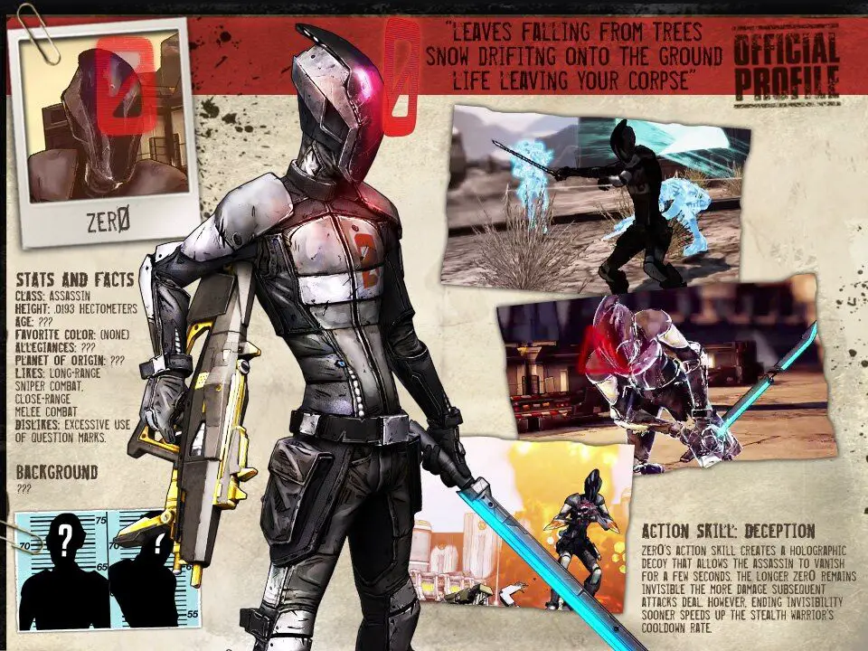 Zer0 the Assassin's official profile in Borderlands 2