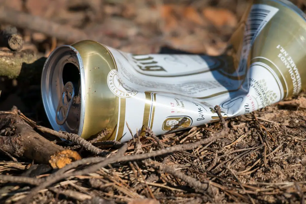 Close up of a crushed beer can on the ground.